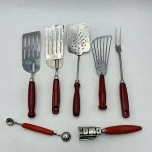 Vintage Ekco A&J Red Handle Utensil Lot 7pc USA Spatula Fork Baller Sharpener